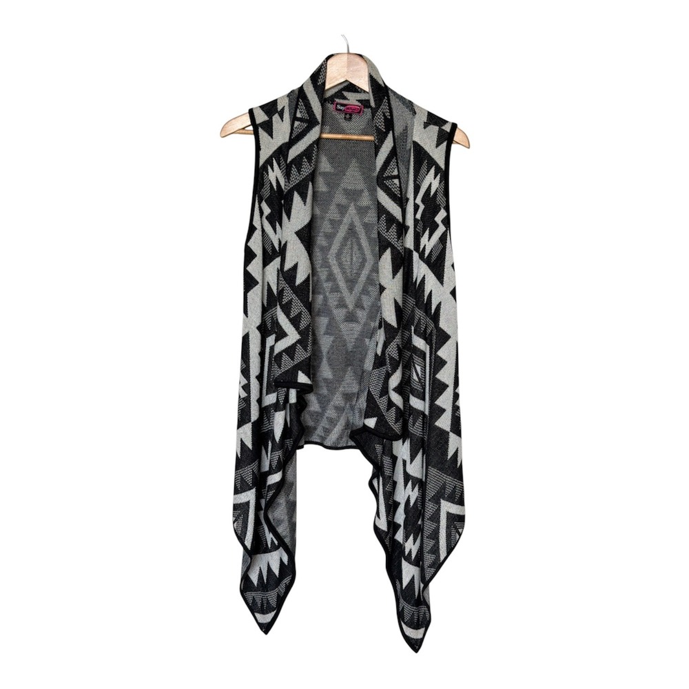 Say What? Womens XL Open Front Vest Cardigan Black Gray Aztec Southwestern‎